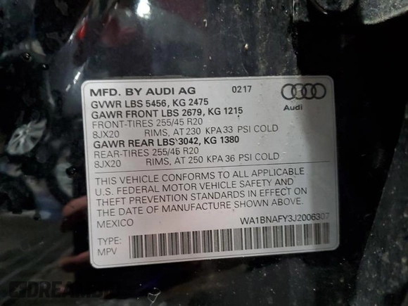 2018 Audi Q5 Premium Plus with VIN WA1BNAFY3J2006307, listed as a Copart auction lot 53312995 with 63,033 mi miles and Salvage Title. Bid and sale history available at DreamBid. Image 13.