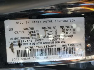 2013 Mazda 3 i SV with VIN JM1BL1TG0D1836891, listed as a Copart auction lot 54193525 with 124,049 mi miles and Salvage title. Bid and sale history available at DreamBid. Image 12.