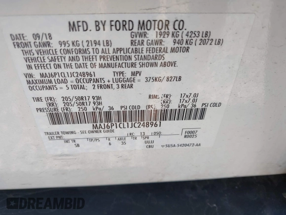 2018 Ford EcoSport SES with VIN MAJ6P1CL1JC248961, listed as a IAAI auction lot 41918876 with 65,264 mi miles and . Bid and sale history available at DreamBid. Image 9.