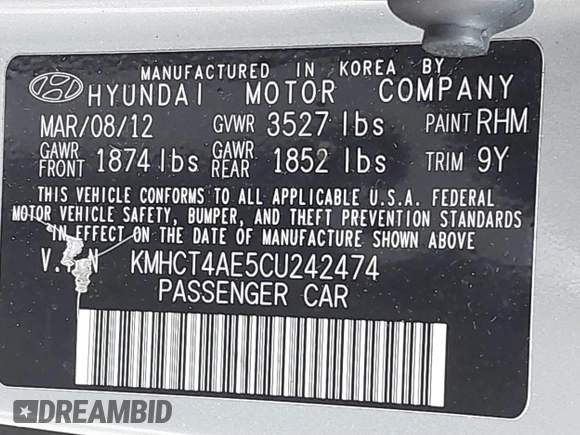 2012 Hyundai Accent GLS z VIN KMHCT4AE5CU242474, wystawiony jako IAAI lot #41455547 z przebiegiem 163 199 mil mil oraz . Historia ofert i sprzedaży dostępna na DreamBid. Obrazek 9.