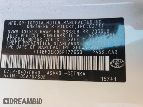 2011 Toyota Camry LE with VIN 4T4BF3EK0BR177650, listed as a Copart auction lot 45429495 with 164,260 mi miles and Salvage Title. Bid and sale history available at DreamBid. Image 13.