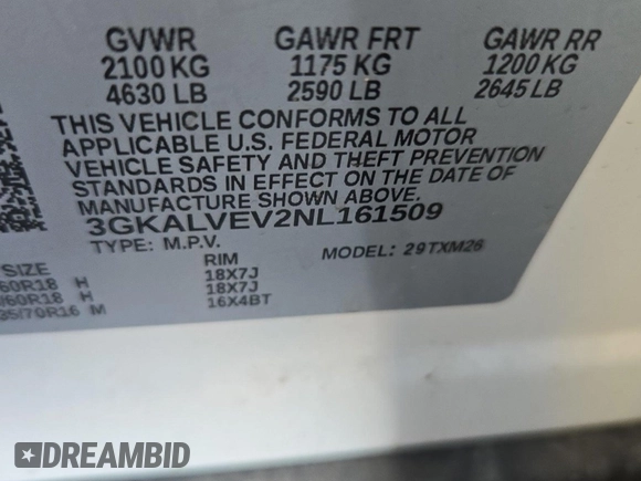 2022 GMC Terrain SLT with VIN 3GKALVEV2NL161509, listed as a IAAI auction lot 42678007 with 55,419 mi miles and . Bid and sale history available at DreamBid. Image 12.