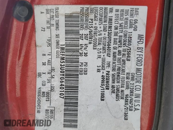 2000 Mercury Sable with VIN 1MEFM53U0YG640107, listed as a Copart auction lot 56667855 with 146,403 mi miles and Salvage title. Bid and sale history available at DreamBid. Image 12.