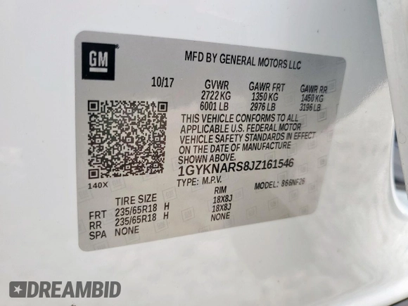 2018 Cadillac XT5 FWD with VIN 1GYKNARS8JZ161546, listed as a Copart auction lot 59213935 with 164,733 mi miles and Salvage title. Bid and sale history available at DreamBid. Image 13.