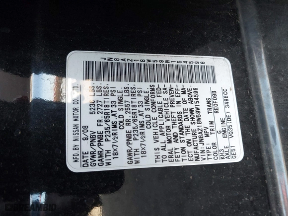 2009 Nissan Murano SL with VIN JN8AZ18W59W154596, listed as a IAAI auction lot 41713782 with 1 mi miles. Bid and sale history available at carsss.com. Image 9.