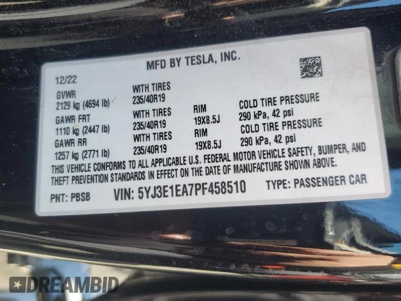 2023 Tesla Model 3 с VIN 5YJ3E1EA7PF458510, выставлен на аукционе Copart как лот 63921795 с пробегом 70 726 миль миль и Списание • Salvage title. История ставок и продаж доступна на DreamBid. Изображение 12.