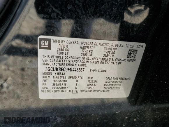 2015 Chevrolet Silverado 1500 LTZ with VIN 3GCUKSEC9FG443567, listed as a Copart auction lot 53076514 with 187,901 mi miles and Clean Title. Bid and sale history available at carsss.com. Image 12.