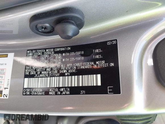 2020 Lexus NX 300 F Sport with VIN JTJJARBZXL2171569, listed as a IAAI auction lot 42700729 with 60,200 mi miles and . Bid and sale history available at DreamBid. Image 9.