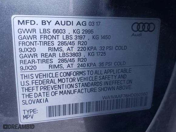 2017 Audi Q7 Prestige with VIN WA1VAAF76HD050560, listed as a Copart auction lot 44210705 with 0 mi miles and Salvage Title. Bid and sale history available at carsss.com. Image 13.