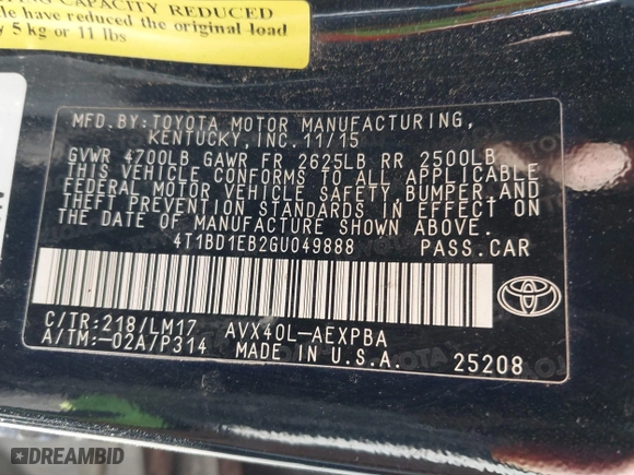 2016 Toyota Avalon Hybrid XLE Premium with VIN 4T1BD1EB2GU049888, listed as a IAAI auction lot 41421165 with 56,426 mi miles. Bid and sale history available at carsss.com. Image 9.
