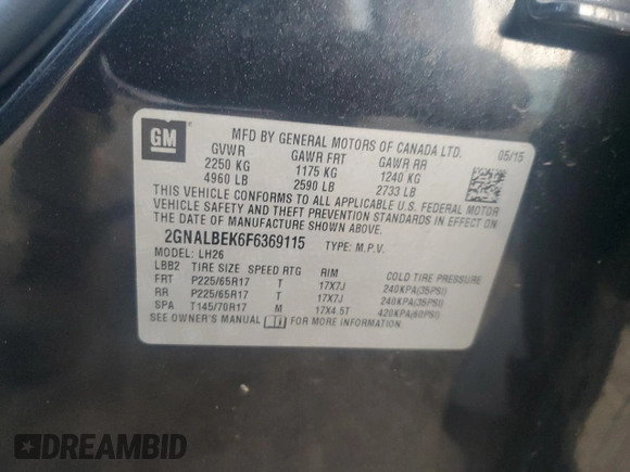 2015 Chevrolet Equinox LT with VIN 2GNALBEK6F6369115, listed as a Copart auction lot 49149355 with 40,000 mi miles and Salvage Title. Bid and sale history available at carsss.com. Image 15.