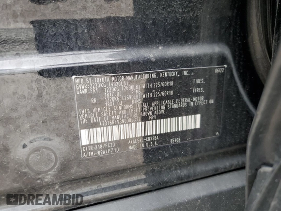 2022 Toyota RAV4 Hybrid SE with VIN 4T3T6RFV3NU089312, listed as a Copart auction lot 59324525 with 49,493 mi miles and Salvage title. Bid and sale history available at DreamBid. Image 13.