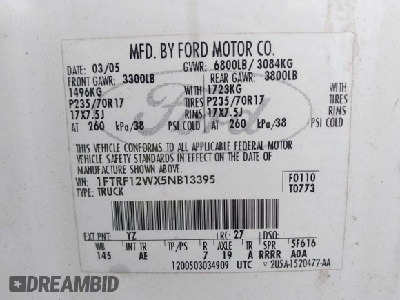 2005 Ford F-150 XL with VIN 1FTRF12WX5NB13395, listed as a IAAI auction lot 42268629 with 466,278 mi miles and . Bid and sale history available at DreamBid. Image 9.