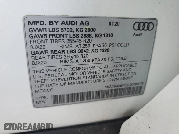 2020 Audi SQ5 Premium Plus with VIN WA1B4AFY3L2056419, listed as a Copart auction lot 55294295 with 51,490 mi miles and Salvage title. Bid and sale history available at DreamBid. Image 12.