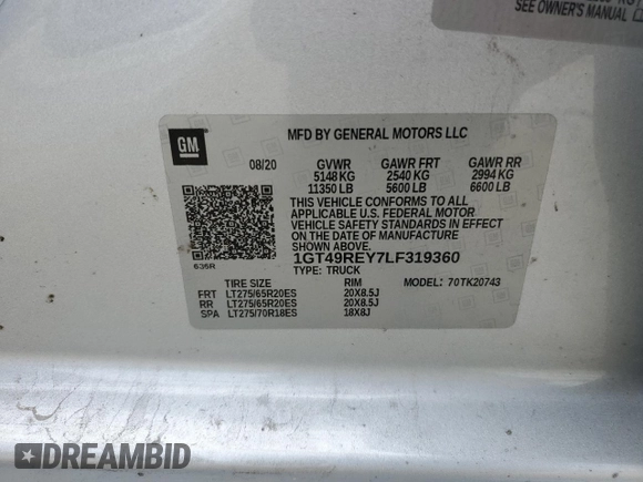 2020 GMC Sierra 2500HD Denali z VIN 1GT49REY7LF319360, wystawiony jako Copart lot #59770565 z przebiegiem 69 509 mil mil oraz Nie do naprawy • Non repairable. Historia ofert i sprzedaży dostępna na DreamBid. Obrazek 12.
