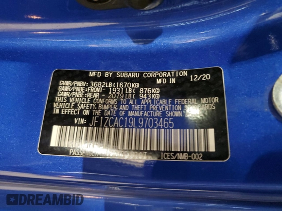 2020 Subaru BRZ Limited with VIN JF1ZCAC19L9703465, listed as a Copart auction lot 50958805 with 35,314 mi miles and Salvage Title. Bid and sale history available at carsss.com. Image 13.
