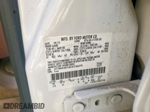 2012 Ford F-350 XL with VIN 1FT8W3BT4CEC92270, listed as a Copart auction lot 48245975 with Not provided miles and Clean title. Bid and sale history available at DreamBid. Image 10.