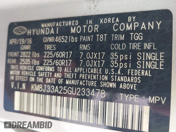 2016 Hyundai Tucson Sport with VIN KM8J33A25GU233478, listed as a IAAI auction lot 42109517 with 81,039 mi miles. Bid and sale history available at carsss.com. Image 9.