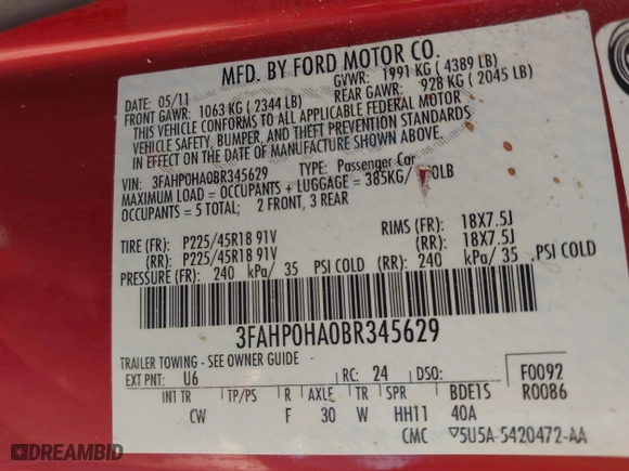 2011 Ford Fusion SE with VIN 3FAHP0HA0BR345629, listed as a IAAI auction lot 42029047 with 145,505 mi miles. Bid and sale history available at carsss.com. Image 9.