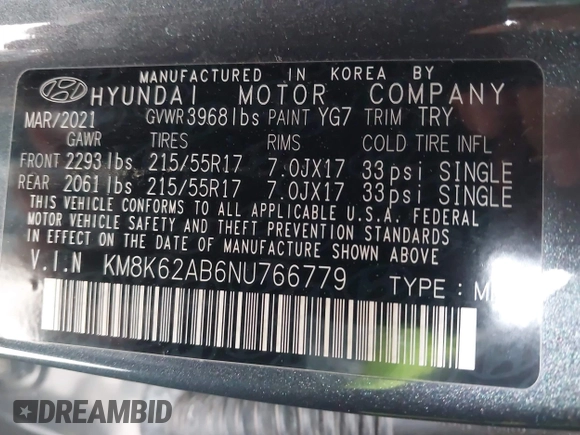 2022 Hyundai Kona SEL with VIN KM8K62AB6NU766779, listed as a IAAI auction lot 41889147 with 39,371 mi miles and . Bid and sale history available at DreamBid. Image 9.