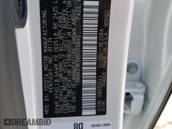 2024 Lexus ES 350 Luxury with VIN 58AEZ1B19RU176840, listed as a Copart auction lot 70298934 with Not provided miles and Salvage title. Bid and sale history available at DreamBid. Image 12.