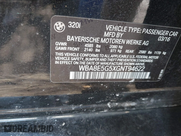 2016 BMW 3 Series 320i xDrive z VIN WBA8E5G5XGNT94622, wystawiony jako IAAI lot #41580890 z przebiegiem 124 086 mil mil oraz . Historia ofert i sprzedaży dostępna na DreamBid. Obrazek 9.