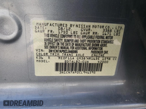 2012 Nissan Versa SV with VIN 3N1CN7AP0CL946595, listed as a Copart auction lot 59562915 with 107,228 mi miles and Salvage title. Bid and sale history available at DreamBid. Image 12.