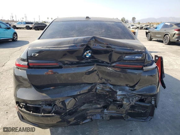 2024 BMW i7 eDrive50 with VIN WBY43EJ06RCP21065, listed as a Copart auction lot 72276944 with 21,066 mi miles and Salvage Title. Bid and sale history available at carsss.com. Image 6.