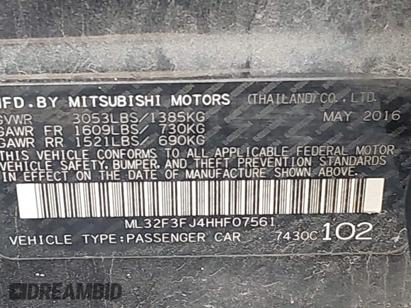 2017 Mitsubishi Mirage ES with VIN ML32F3FJ4HHF07561, listed as a IAAI auction lot 42409196 with 143,685 mi miles and . Bid and sale history available at DreamBid. Image 9.