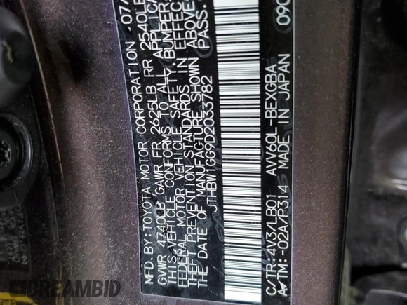2013 Lexus ES 300h z VIN JTHBW1GG9D2033782, wystawiony jako Copart lot #60403455 z przebiegiem 265 567 mil mil oraz Szkoda całkowita • Salvage title. Historia ofert i sprzedaży dostępna na DreamBid. Obrazek 12.