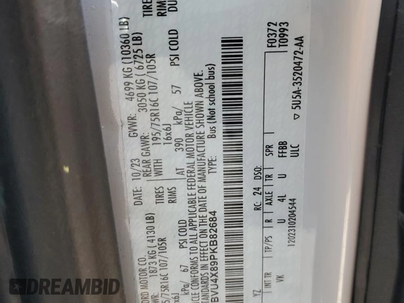 2023 Ford Transit Passenger XL with VIN 1FBVU4X89PKB82684, listed as a Copart auction lot 81326614 with 35,649 mi miles and Salvage title. Bid and sale history available at DreamBid. Image 13.