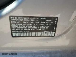 2012 Volkswagen Passat SE with VIN 1VWBH7A39CC013560, listed as a Copart auction lot 52981805 with 107,997 mi miles and Salvage Title. Bid and sale history available at carsss.com. Image 13.