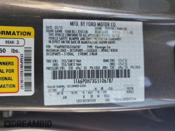 2016 Ford Fusion SE with VIN 1FA6P0H7XG5106787, listed as a Copart auction lot 57512575 with 87,119 mi miles and Salvage title. Bid and sale history available at DreamBid. Image 12.