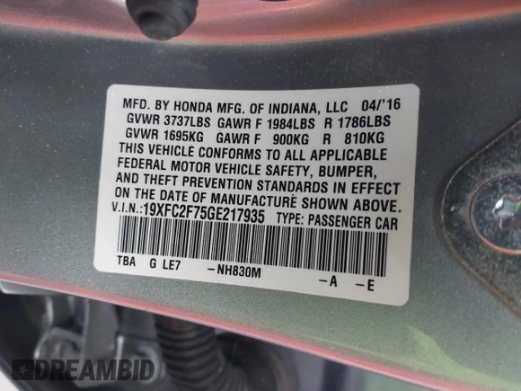 2016 Honda Civic EX with VIN 19XFC2F75GE217935, listed as a IAAI auction lot 41963307 with 87,477 mi miles and . Bid and sale history available at DreamBid. Image 9.