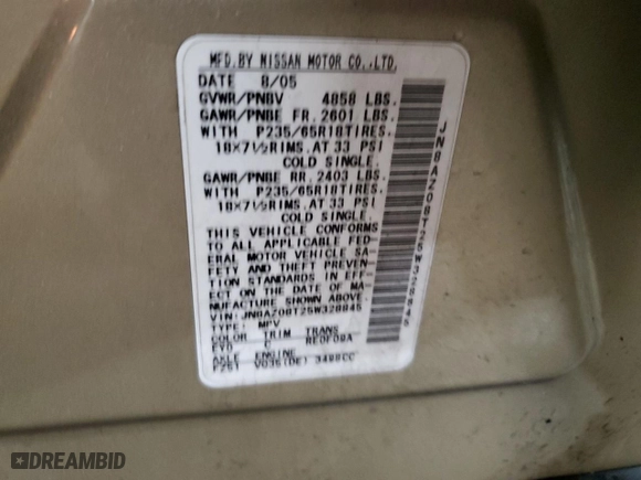 2005 Nissan Murano SL with VIN JN8AZ08T25W328845, listed as a Copart auction lot 44156405 with 218,757 mi miles and Salvage Title. Bid and sale history available at carsss.com. Image 13.