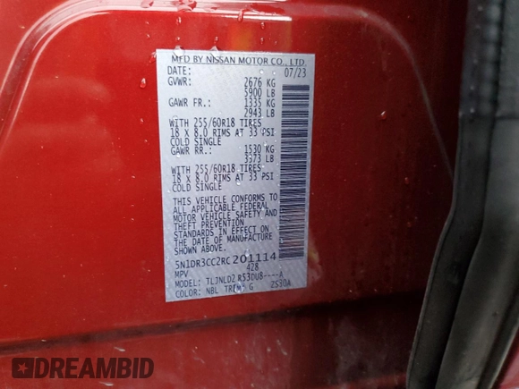 2024 Nissan Pathfinder SL with VIN 5N1DR3CC2RC201114, listed as a Copart auction lot 56775315 with 29,705 mi miles and Salvage title. Bid and sale history available at DreamBid. Image 13.