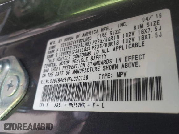 2015 Acura RDX with VIN 5J8TB4H34FL030138, listed as a IAAI auction lot 42027815 with 139,071 mi miles and . Bid and sale history available at carsss.com. Image 9.