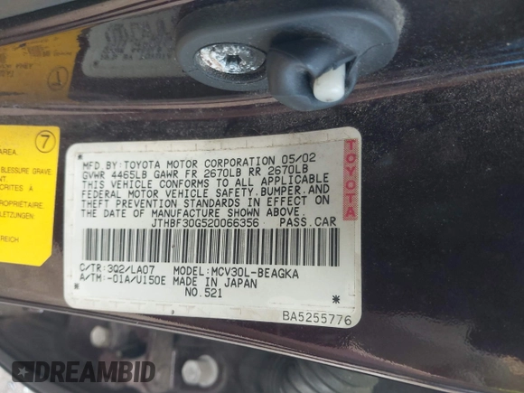 2002 Lexus ES 300 with VIN JTHBF30G520066356, listed as a IAAI auction lot 42519247 with 141,662 mi miles and . Bid and sale history available at DreamBid. Image 9.