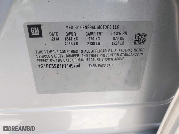2015 Chevrolet Cruze LT with VIN 1G1PC5SB1F7149754, listed as a IAAI auction lot 42009935 with 156,173 mi miles. Bid and sale history available at carsss.com. Image 9.