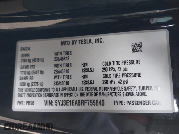 2024 Tesla Model 3 z VIN 5YJ3E1EA8RF755840, wystawiony jako IAAI lot #41677744 z przebiegiem 9 695 mil mil oraz . Historia ofert i sprzedaży dostępna na DreamBid. Obrazek 9.