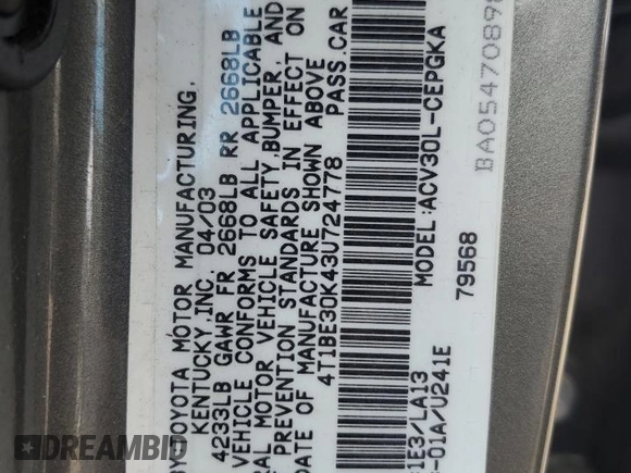 2003 Toyota Camry LE with VIN 4T1BE30K43U724778, listed as a Copart auction lot 53515605 with 176,568 mi miles and Salvage Title. Bid and sale history available at DreamBid. Image 12.