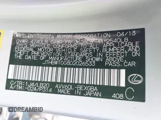 2013 Lexus ES 300h with VIN JTHBW1GG8D2026533, listed as a IAAI auction lot 42064923 with Not provided miles and . Bid and sale history available at DreamBid. Image 9.