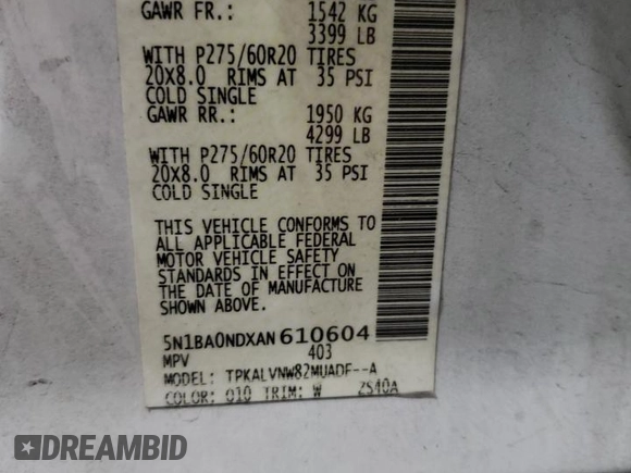2010 Nissan Armada Titanium z VIN 5N1BA0NDXAN610604, wystawiony jako Copart lot #80023374 z przebiegiem 199 475 mil mil oraz Szkoda całkowita • Salvage title. Historia ofert i sprzedaży dostępna na DreamBid. Obrazek 14.