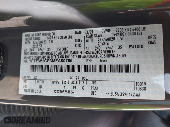 2021 Ford F-150 XL with VIN 1FTEW1CP3MFA80786, listed as a IAAI auction lot 42061952 with 32,071 mi miles. Bid and sale history available at carsss.com. Image 9.