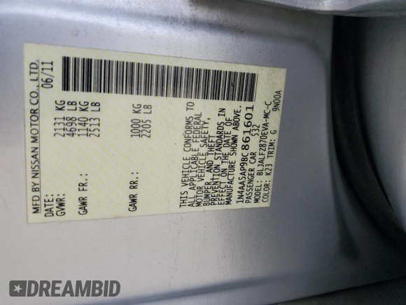 2011 Nissan Maxima SV with VIN 1N4AA5AP9BC861601, listed as a Copart auction lot 52743865 with 149,987 mi miles and Salvage Title. Bid and sale history available at DreamBid. Image 14.