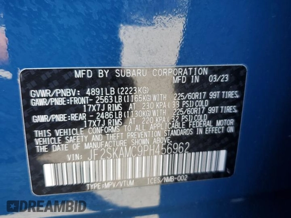 2023 Subaru Forester Wilderness with VIN JF2SKAMC9PH456962, listed as a Copart auction lot 58353725 with 21,487 mi miles and Salvage title. Bid and sale history available at DreamBid. Image 13.