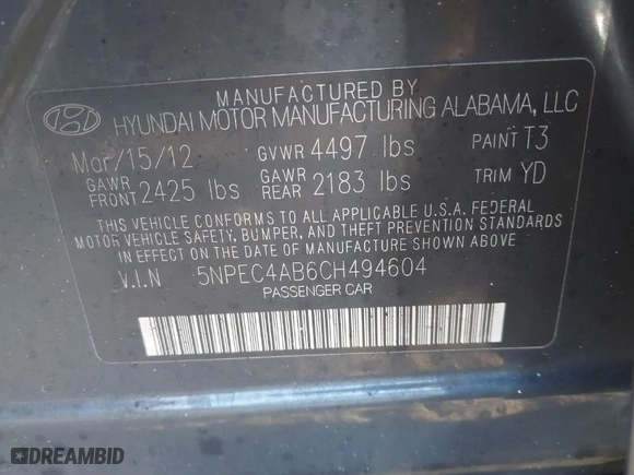2012 Hyundai Sonata 2.0T SE with VIN 5NPEC4AB6CH494604, listed as a IAAI auction lot 41021128 with 1 mi miles. Bid and sale history available at carsss.com. Image 9.