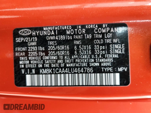 2020 Hyundai Kona SE with VIN KM8K1CAA4LU464786, listed as a Copart auction lot 70179322 with 48,091 mi miles. Bid and sale history available at carsss.com. Image 15.