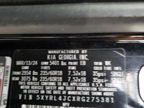 2024 Kia Sorento S with VIN 5XYRL4JCXRG275381, listed as a Copart auction lot 64284355 with 36,771 mi miles and Clean title. Bid and sale history available at DreamBid. Image 13.