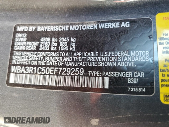 2014 BMW 4 Series 435i with VIN WBA3R1C50EF729259, listed as a Copart auction lot 53915045 with 125,625 mi miles and Clean Title. Bid and sale history available at carsss.com. Image 12.